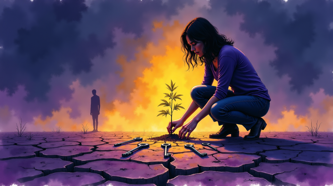 Femme déterminée reconstruisant sa silhouette avec des blocs lumineux et 5 clés. Silhouette d'homme s'estompant en arrière-plan.