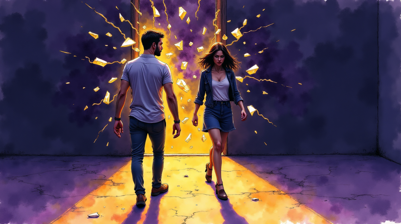 une femme sous l'emprise d'un homme manipulateur, symbolisant le chantage émotionnel et le contrôle subtil dans une relation toxique.