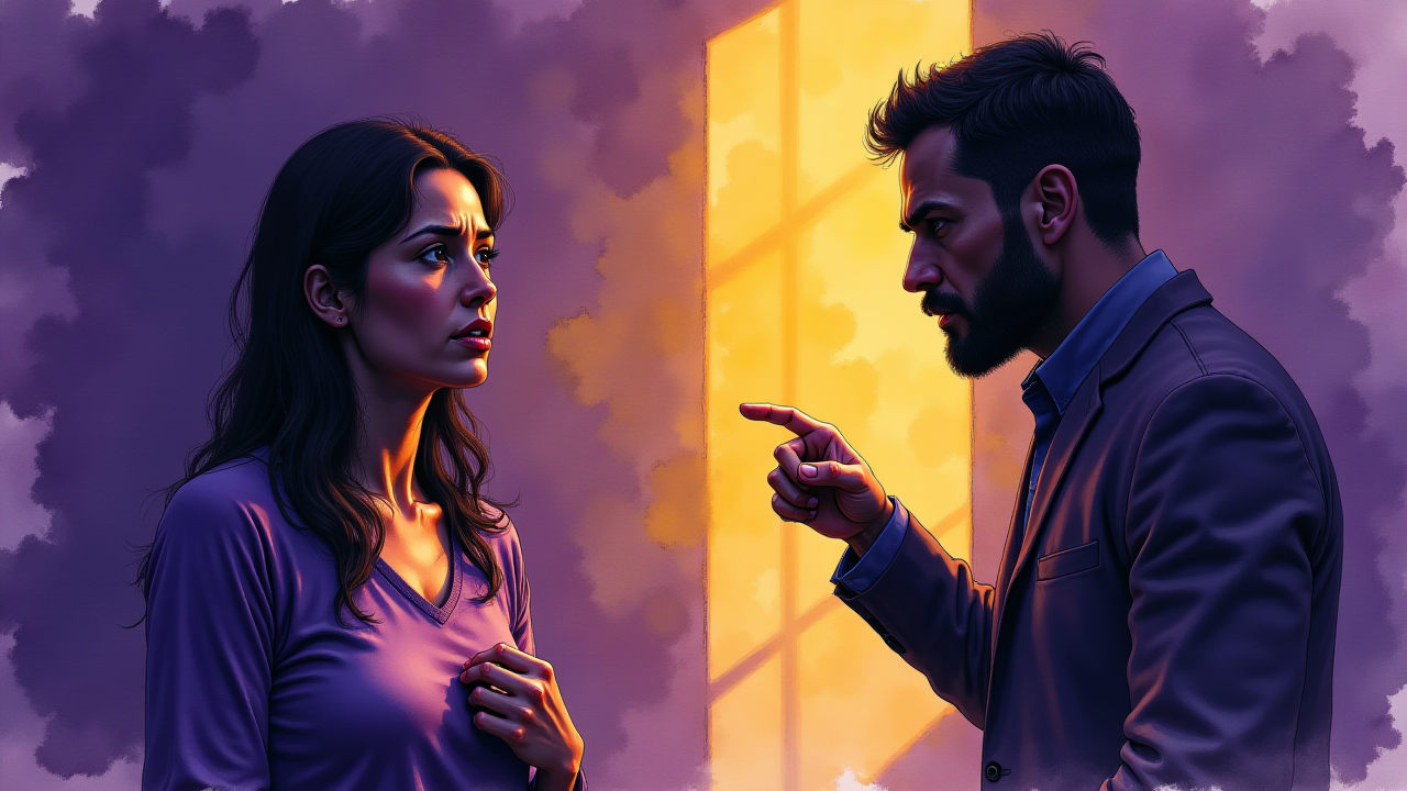 Femme déterminée mais épuisée, les mains sur la poitrine, face à la silhouette menaçante d'un homme. Elle se protège.