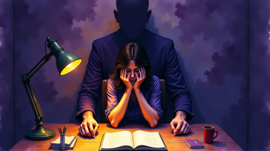 femme sous emprise psychologique, marionnette contrôlée par un homme manipulateur, dans un salon sombre et désordonné, symbolisant la perte d'autonomie et la tristesse.