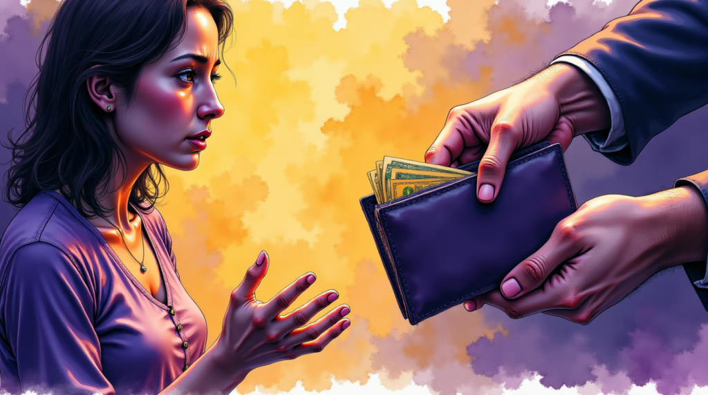 une femme hésitante face à un homme sévère tenant un portefeuille, illustrant la violence économique dans le couple