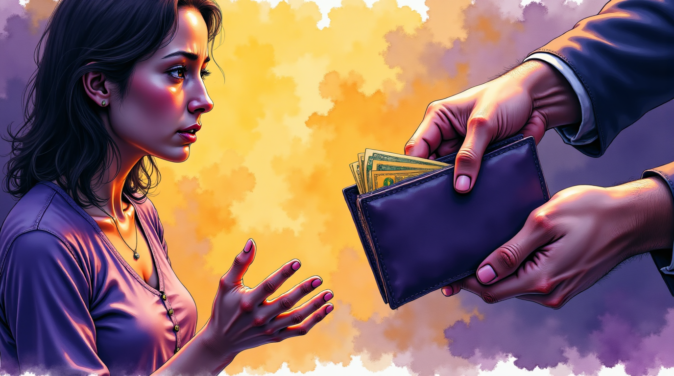 une femme hésitante face à un homme sévère tenant un portefeuille, illustrant la violence économique dans le couple