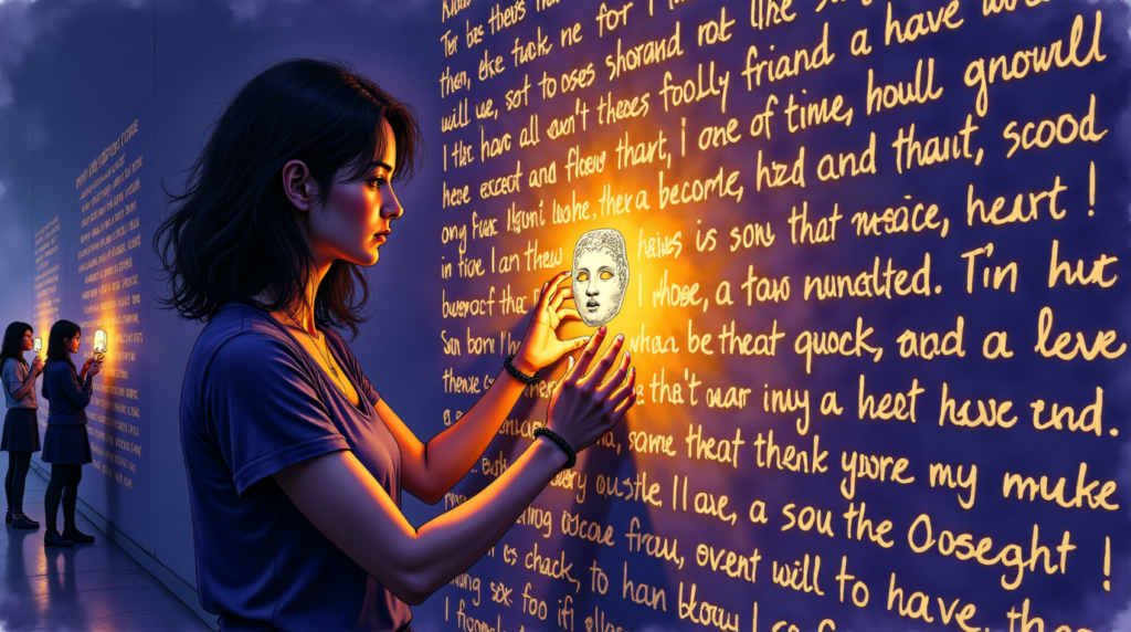 femme libérant des mots lumineux dans un espace de partage, entourée de silhouettes de soutien, tandis qu'une ombre toxique s'estompe.