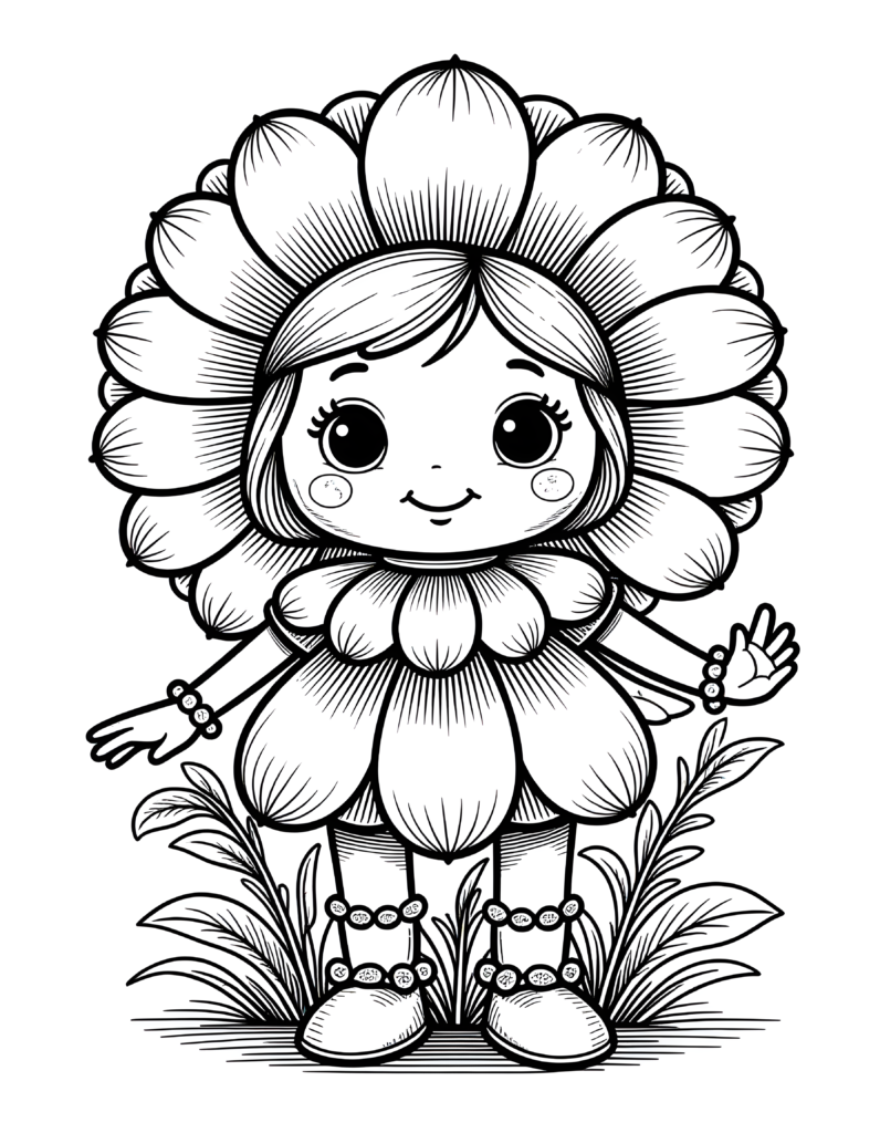 Coloriage fleur qui salue, en robe de pétales à imprimer