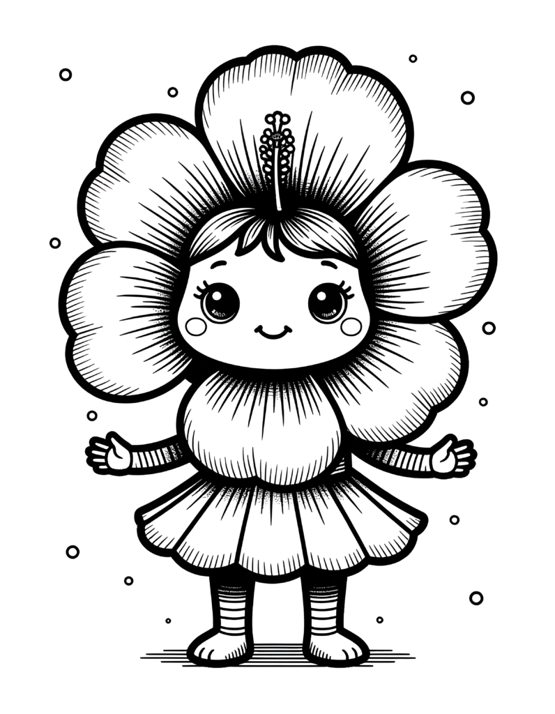 Coloriage hibiscus en robe à volants à imprimer