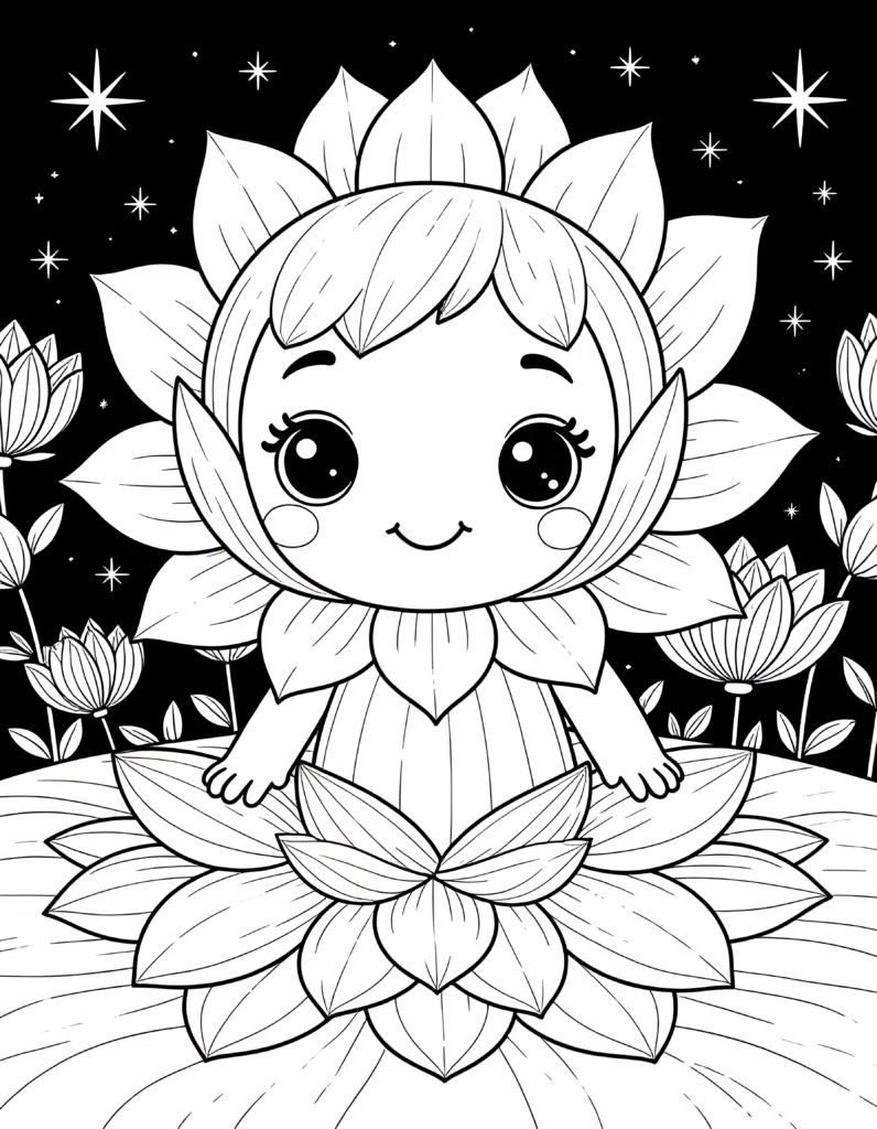 Coloriage lotus assise sur ses pétales à imprimer