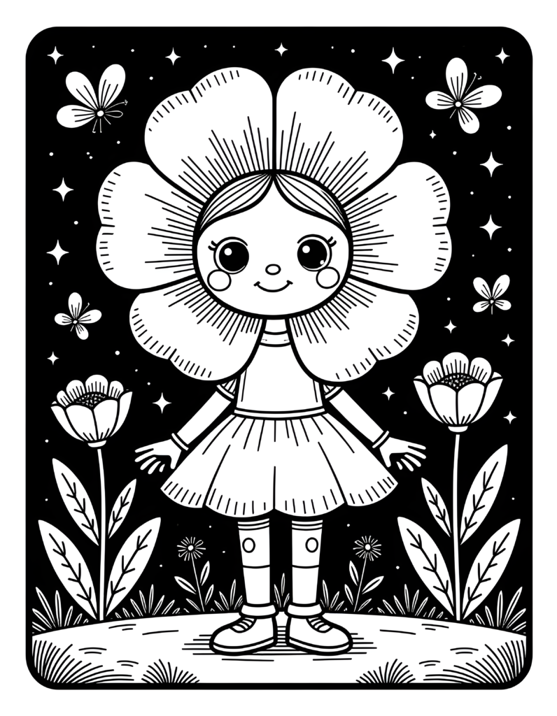 Coloriage fleur entourée d&rsquo;étoiles et papillons à imprimer