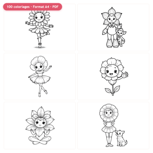 Pack coloriages — Fleurs Humanoïdes (100 dessins)