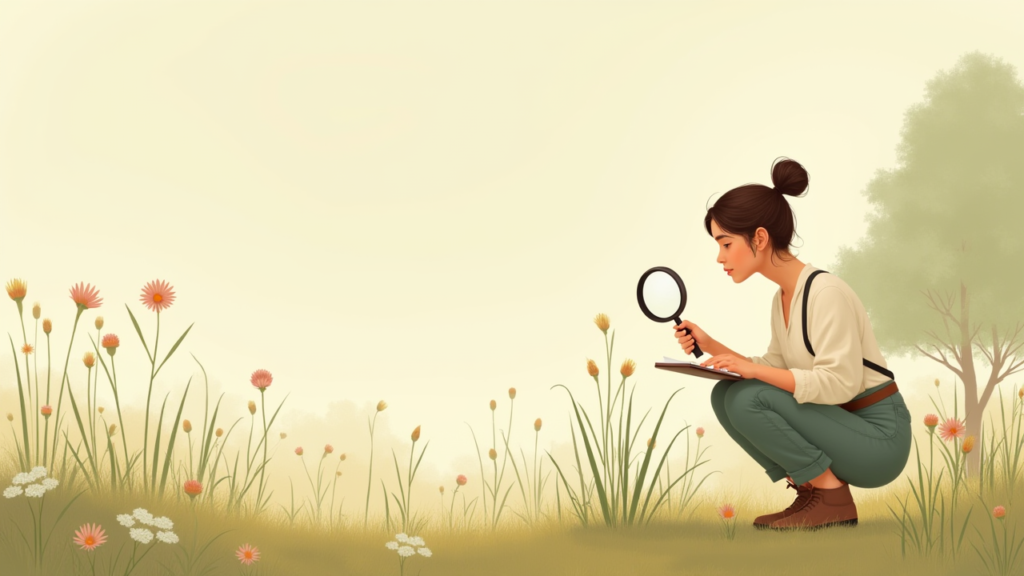 Une écologue accroupie dans un pré, loupe et carnet de terrain à la main, observant des fleurs sauvages