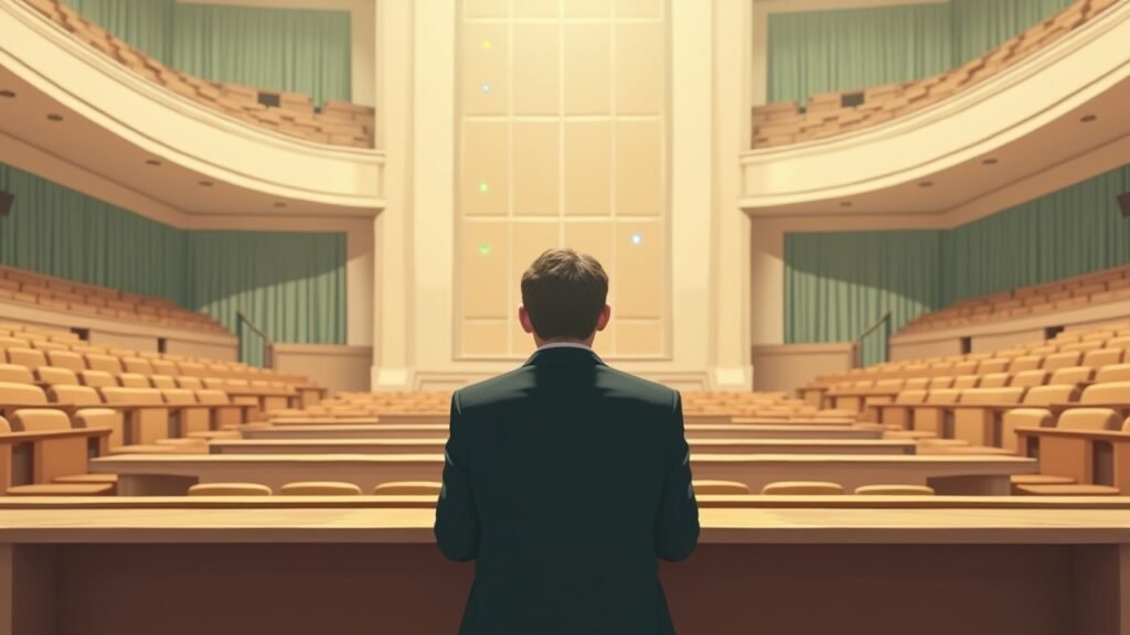 Silhouette de dos face à un hémicycle vide, panneau de vote lumineux en fond