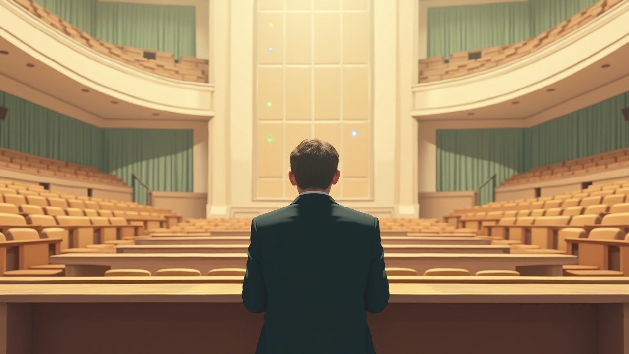 Silhouette de dos face à un hémicycle vide, panneau de vote lumineux en fond